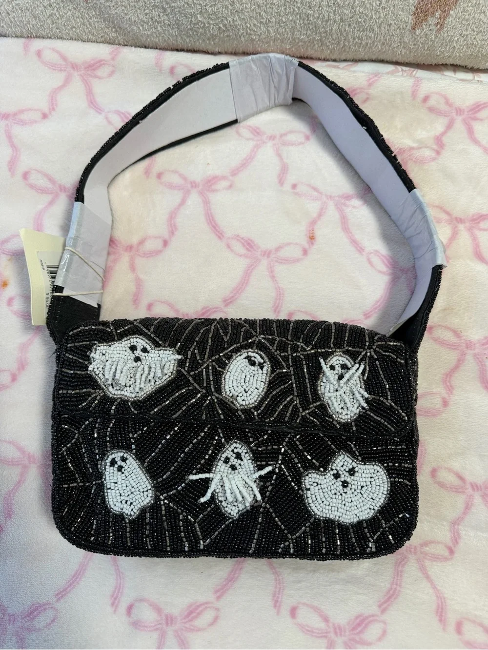 Black Beaded Shoulder Bag with White Ghost Motif